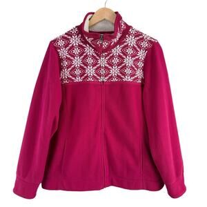 L.L.Bean Pink Fleece Nordic Snowflake‎ Full Zip Jacket Sherpa Lined Collar, Sz L